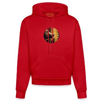 Ours brun regardant à travers un nid d’abeille - Sweat à capuche bio ajusté fabriqué en UE - rouge - Devant