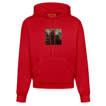 Steampunk-Pilot auf postapokalyptischen Ruinen - Organic Fitted Hoodie Made in EU - Rot - Vorne