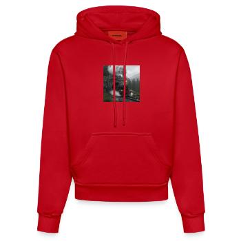 Dampfzug durch den Wald am Tunnel - Organic Fitted Hoodie Made in EU - Rot - Vorne