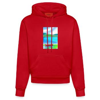 Paysage avec lac, bateau et montagnes - Sweat à capuche bio ajusté fabriqué en UE - rouge - Devant