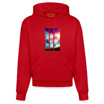 Paysage avec lac, bateau et montagnes - Sweat à capuche bio ajusté fabriqué en UE - rouge - Devant