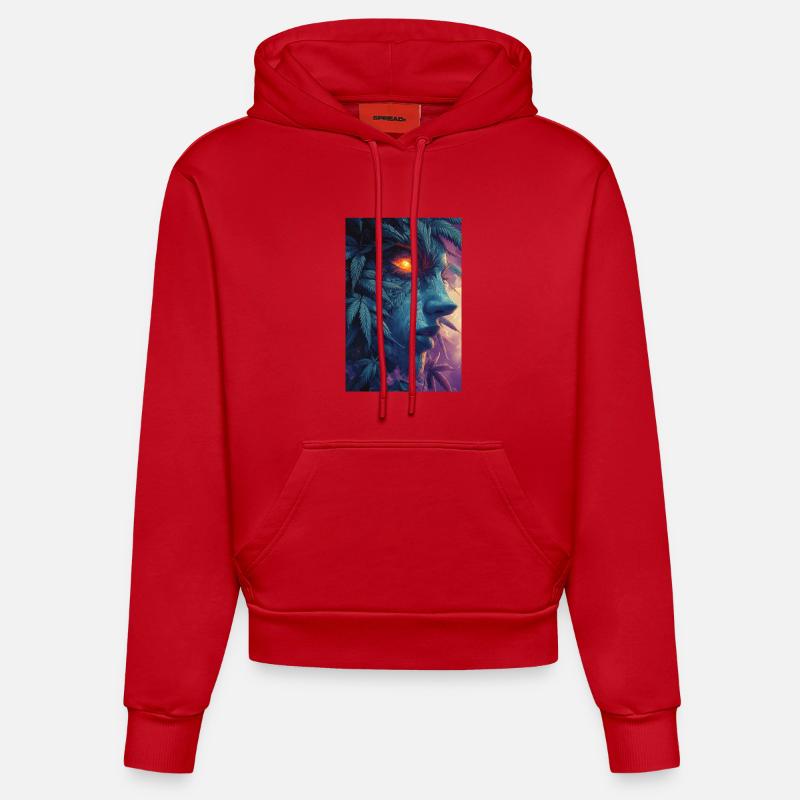 Visage de feuille avec œil de feu - Sweat à capuche bio ajusté fabriqué en UE - rouge