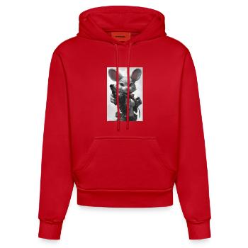 Actionhäschen im Lederjacke - Organic Fitted Hoodie Made in EU - Rot - Vorne