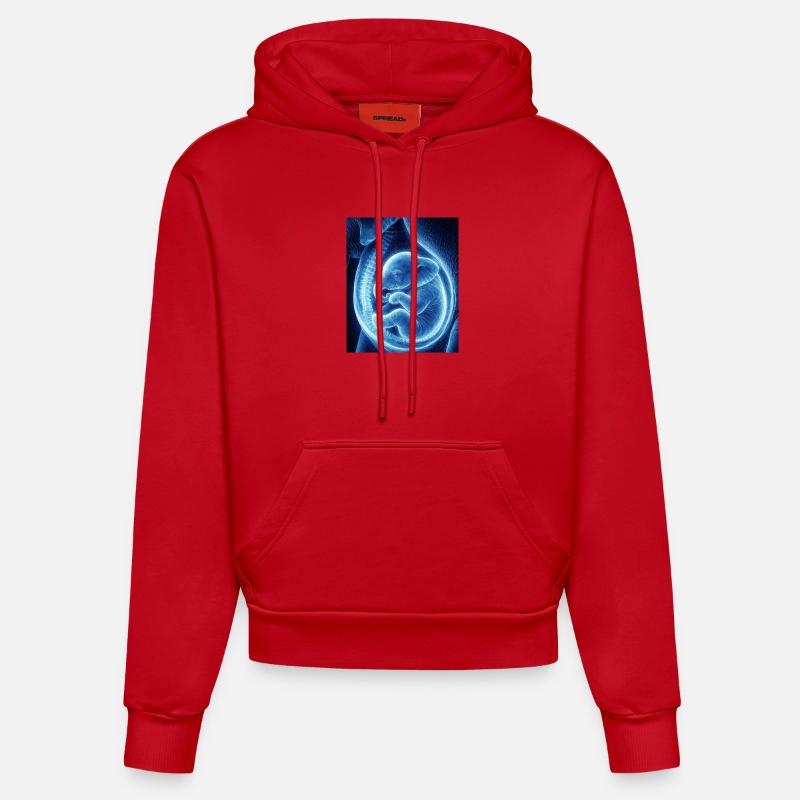 Bébé ultrasonique bleu dans le ventre - Sweat à capuche bio ajusté fabriqué en UE - rouge