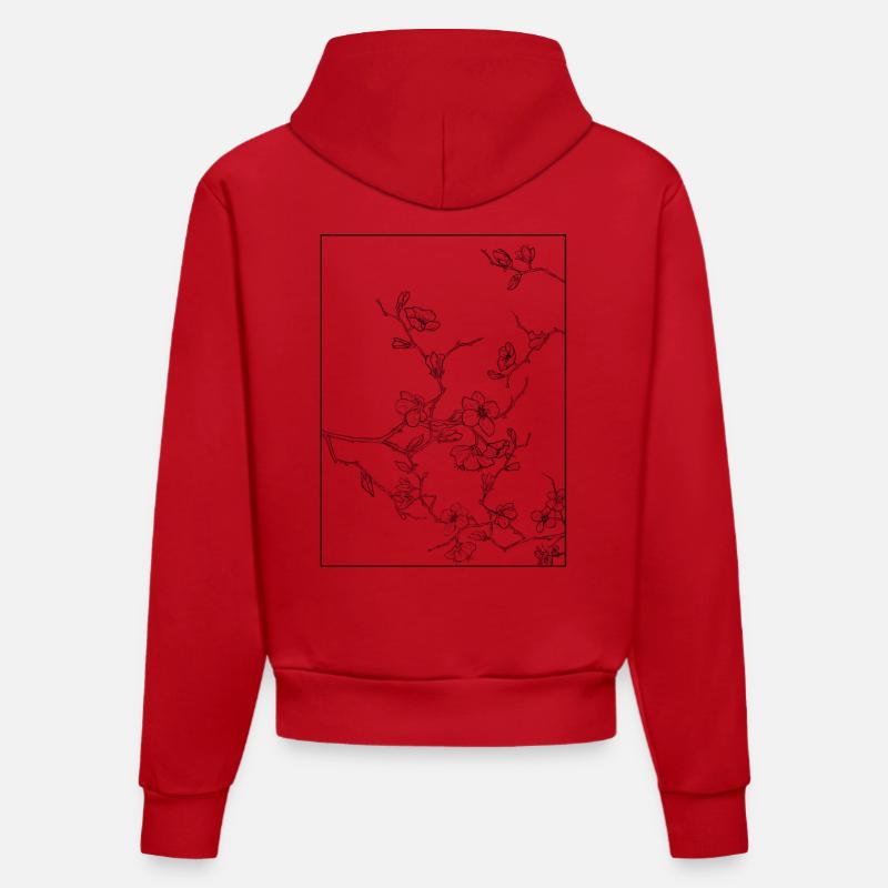 Floral Design Cerisier Outline Noir - Sweat à capuche bio ajusté fabriqué en UE - rouge