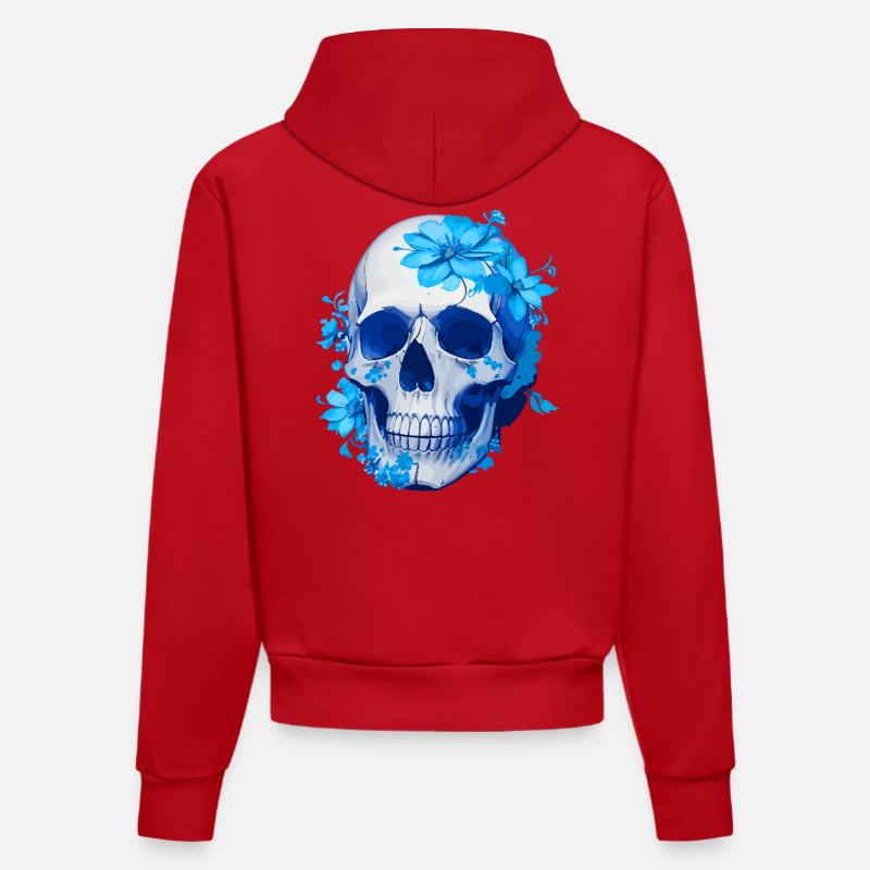 Crâne Floral Bleu Intense - Sweat à capuche bio ajusté fabriqué en UE - rouge