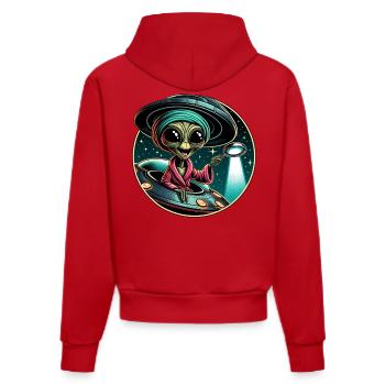 Außerirdischer Detektiv im UFO-Licht - Organic Fitted Hoodie Made in EU - Rot - Hinten