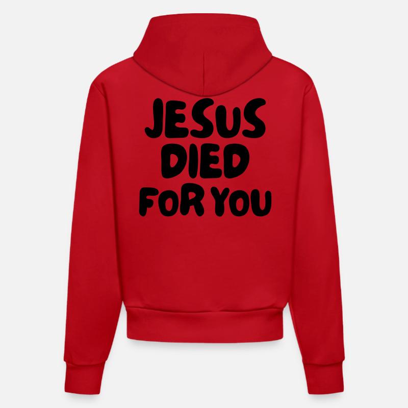 Jésus est mort pour vous - Sweat à capuche bio ajusté fabriqué en UE - rouge