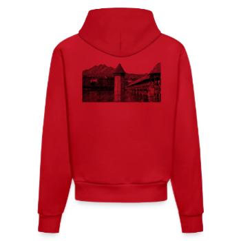 Lucerne Chapel Bridge and Mount Pilatus | Line grid - Organic Fitted Hoodie Made in EU - red - Back