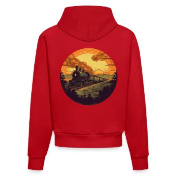 Retro Dampflok im Sonnenuntergang - Organic Fitted Hoodie Made in EU - Rot - Hinten