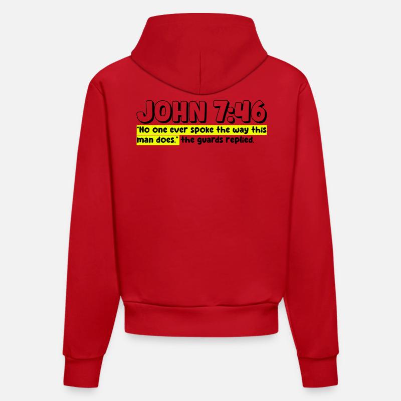 Jean 7:46 | Citation de la Bible - Sweat à capuche bio ajusté fabriqué en UE - rouge