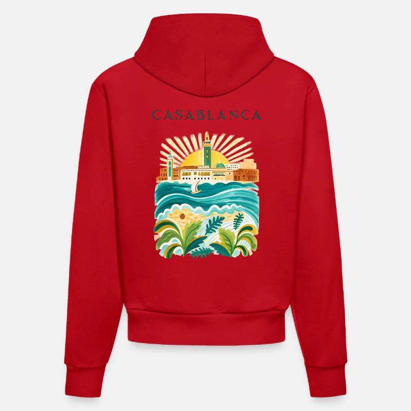 Illustration de l’Idylle côtier de Casablanca - Sweat à capuche bio ajusté fabriqué en UE - rouge