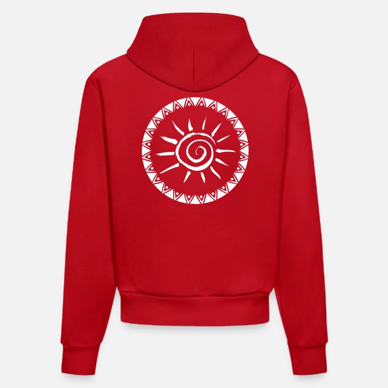 Conception géométrique du mandala Sunburst - Sweat à capuche bio ajusté fabriqué en UE - rouge