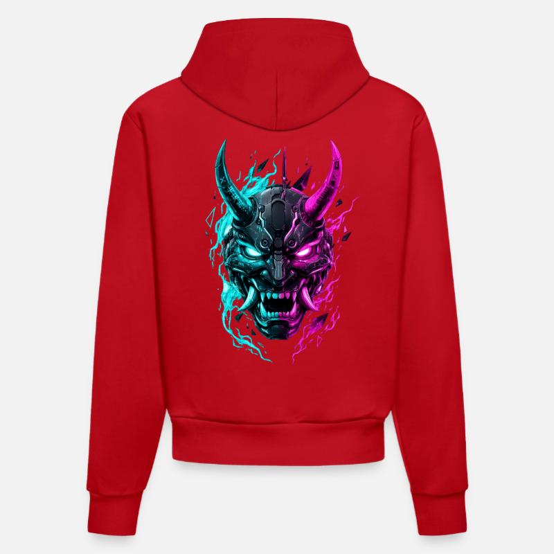 Masque Cyber Oni Néon - Sweat à capuche bio ajusté fabriqué en UE - rouge
