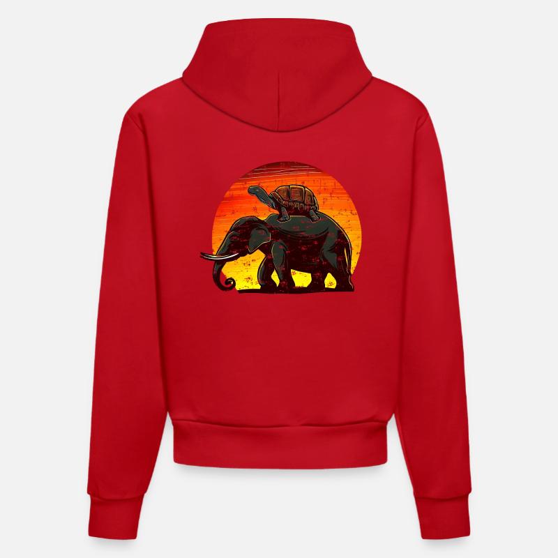 Elephant Turtle Sunset Design - Sweat à capuche bio ajusté fabriqué en UE - rouge