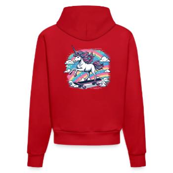 A cheerful unicorn on a skateboard - Organic Fitted Hoodie Made in EU - red - Back