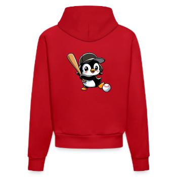 Cartoon Pinguin Baseballspieler Verein - Organic Fitted Hoodie Made in EU - Rot - Hinten
