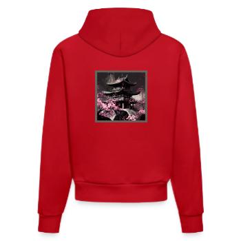 Temple japonais vintage des fleurs de cerisier Sakura - Sweat à capuche bio ajusté fabriqué en UE - rouge - Dos