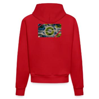 Vue aérienne Cercle rond Accents verts - Sweat à capuche bio ajusté fabriqué en UE - rouge - Dos