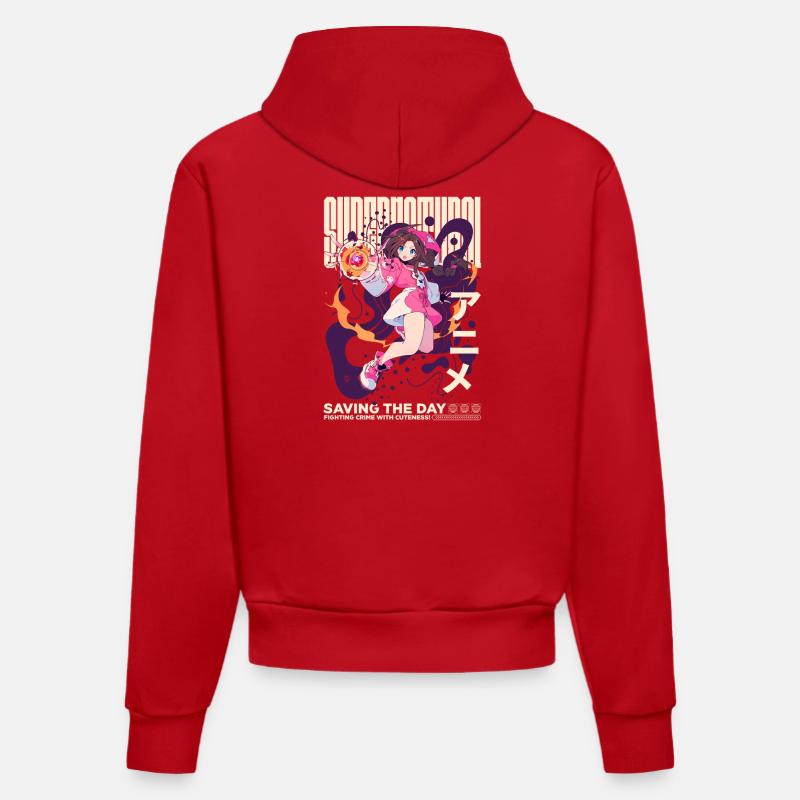 Anime Cute Hero - Sweat à capuche bio ajusté fabriqué en UE - rouge