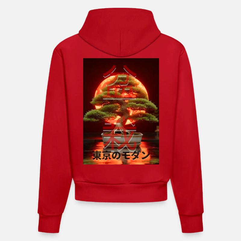 Bonsaï Red Suns Panneau d’écriture japonais - Sweat à capuche bio ajusté fabriqué en UE - rouge