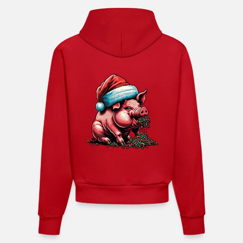 Cochon de Noël avec chapeau - Sweat à capuche bio ajusté fabriqué en UE - rouge