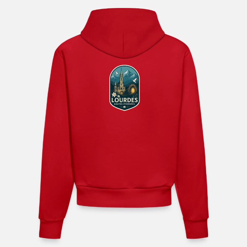 Sanctuaire de Lourdes - Hautes-Pyrénées - Sweat à capuche bio ajusté fabriqué en UE - rouge