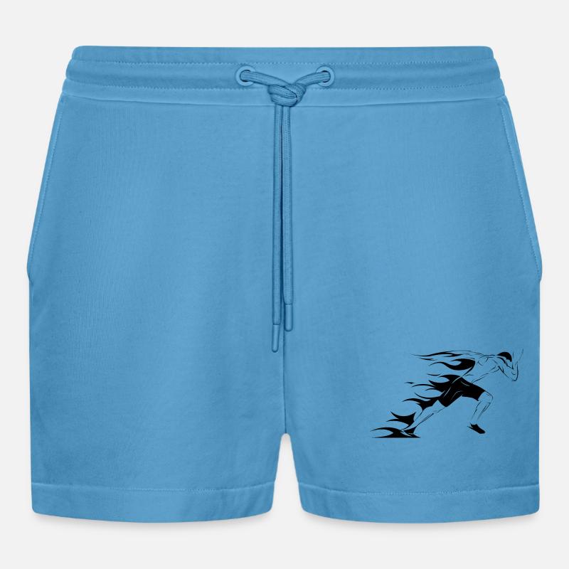 Runner Icon Illustration Sprinter Graphic icon - Organic Relaxed Cropped Shorts Made in EU - Sol Blue