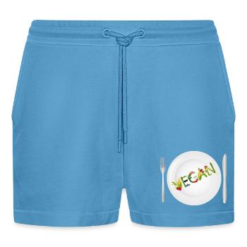 Teller mit VEGAN-Schrift aus Obst & Gemüse - Organic Relaxed Cropped Shorts Made in EU -  Sol Blue - Vorne