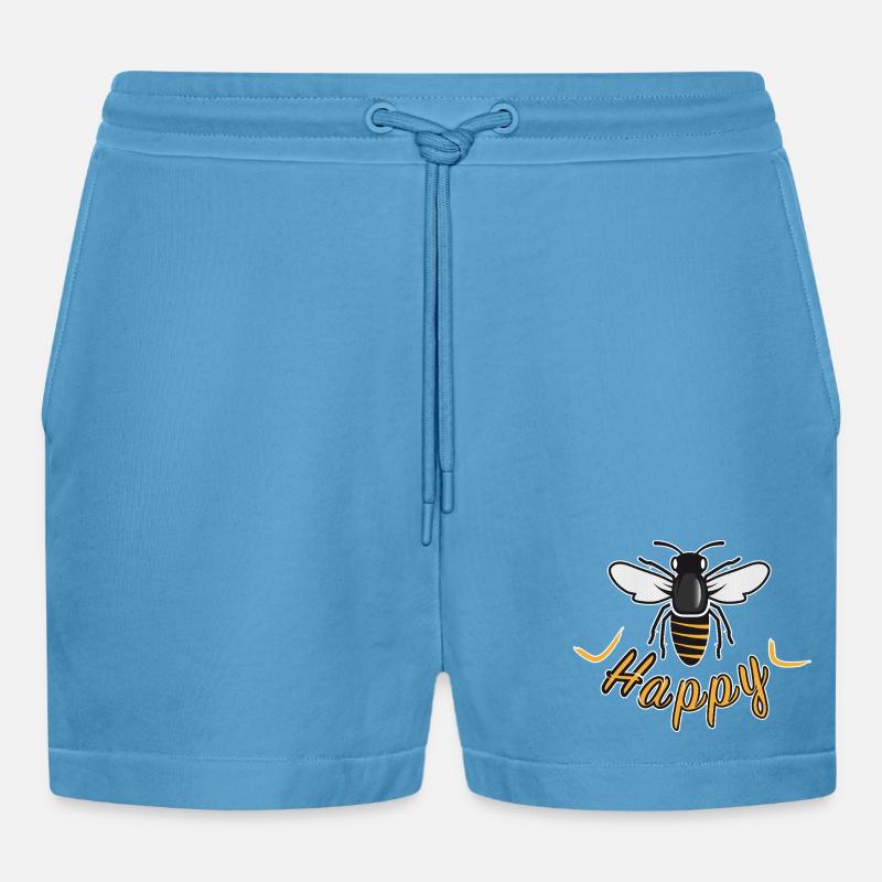 Happy bee with 'Happy' lettering - Organic Relaxed Cropped Shorts Made in EU - Sol Blue