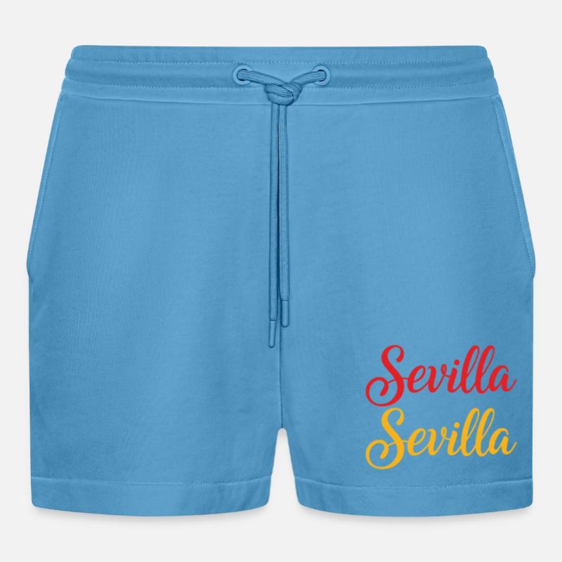 Sevilla Script Duo Red Yellow Retro - Organic Relaxed Cropped Shorts Made in EU -  Sol Blue