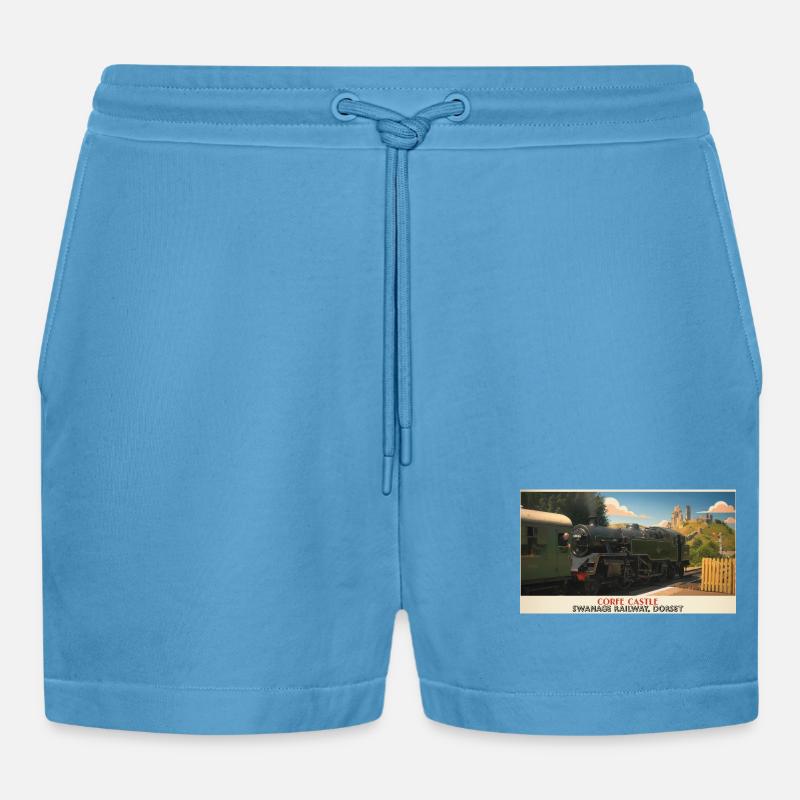 Corfe Castle Dampflok-Plakat - Organic Relaxed Cropped Shorts Made in EU -  Sol Blue