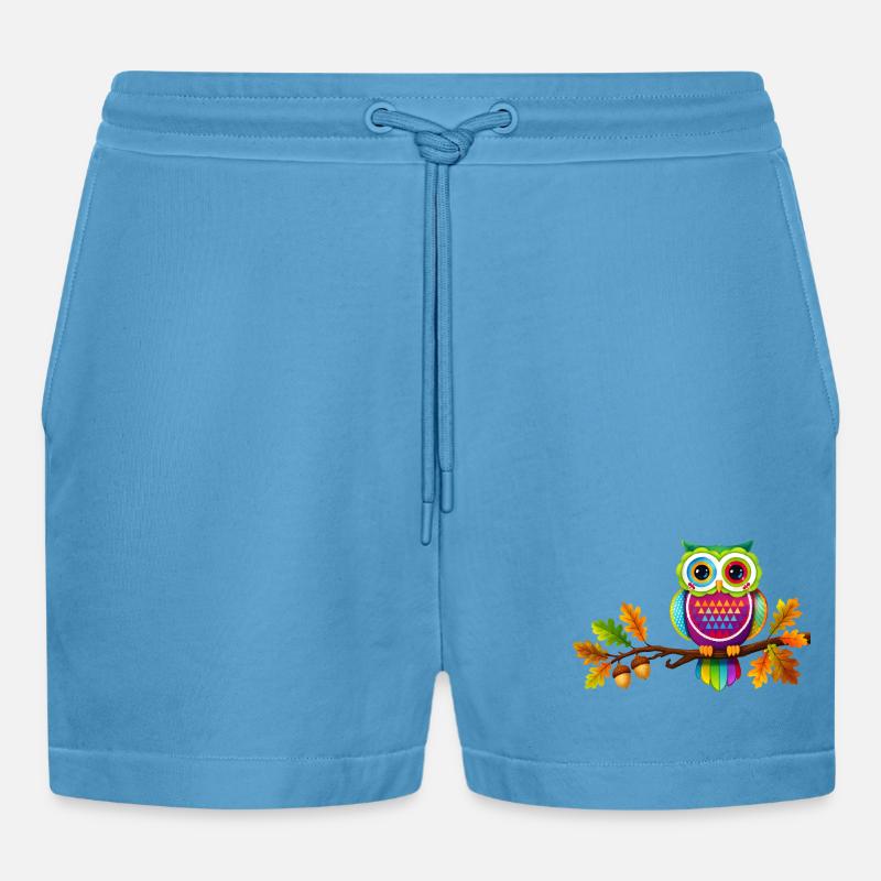 Bunte Eule auf Ast mit Herbstblättern - Organic Relaxed Cropped Shorts Made in EU -  Sol Blue