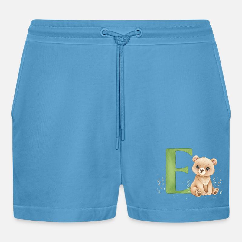 E mit Teddy: Verspielter Buchstabe E - Organic Relaxed Cropped Shorts Made in EU -  Sol Blue