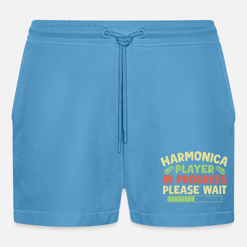 Funny Harmonica Player In Progress Harmonica - Organic Relaxed Cropped Shorts Made in EU - Sol Blue
