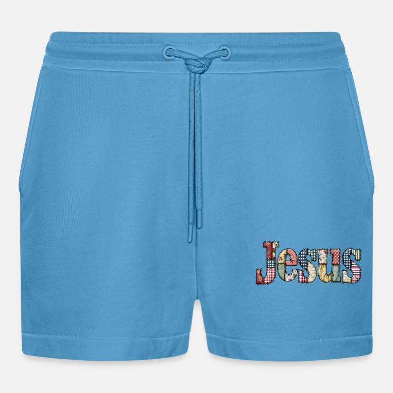 Patchwork Jesus Schriftzug - Organic Relaxed Cropped Shorts Made in EU -  Sol Blue