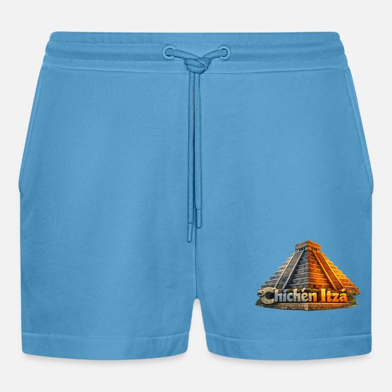 Chichen Itza Pyramid Serpent - Organic Relaxed Cropped Shorts Made in EU -  Sol Blue