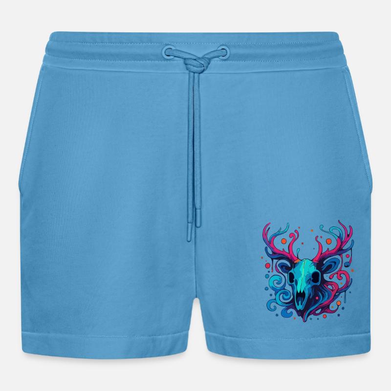 Antler Skull - Organic Relaxed Cropped Shorts Made in EU -  Sol Blue
