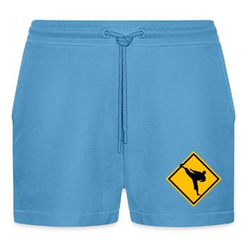 Karate Warning Sign Yokogeri - Organic Relaxed Cropped Shorts Made in EU -  Sol Blue - Front