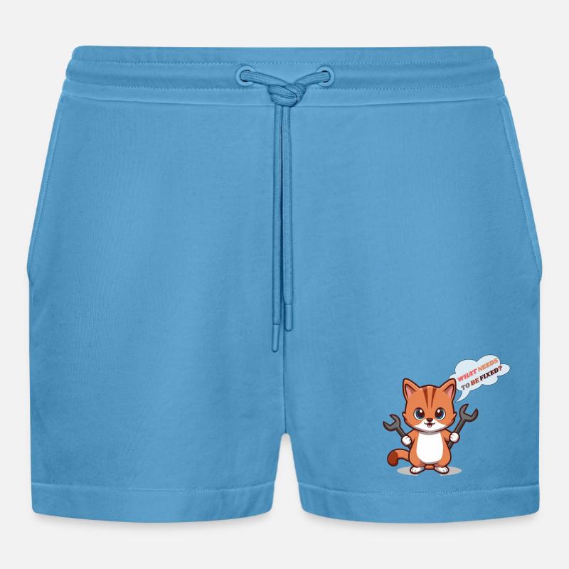 Chaton mignon avec des outils et une question - Short bio décontracté court fabriqué en UE - Sol Blue