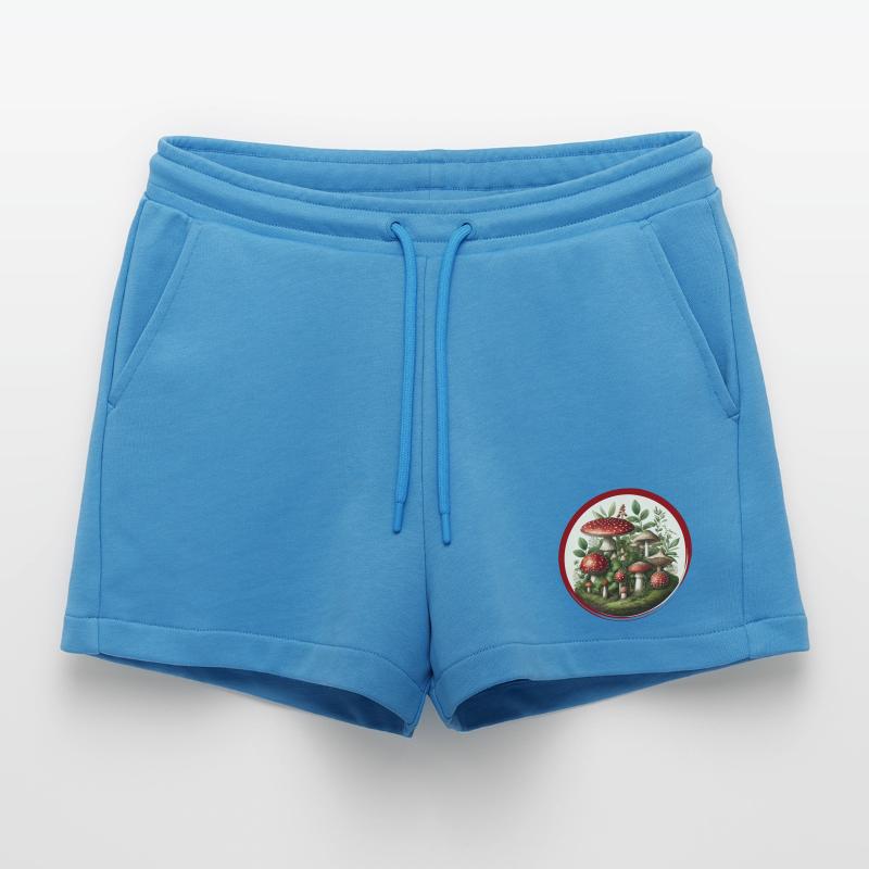 Detailed red toadstools on forest floor Organic Relaxed Cropped Shorts Made in EU
