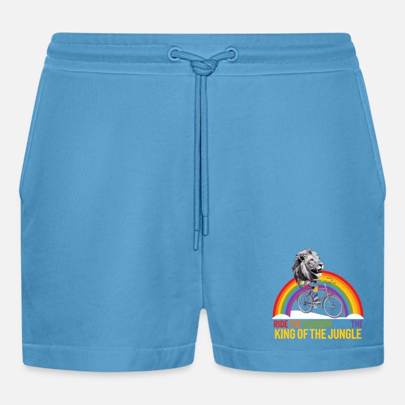 Löwe reitet Regenbogen mit Dschungeltext - Organic Relaxed Cropped Shorts Made in EU -  Sol Blue