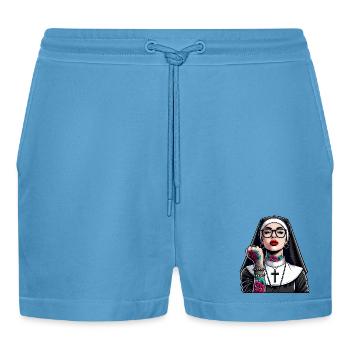 Nun with tattoo - Organic Relaxed Cropped Shorts Made in EU -  Sol Blue - Front
