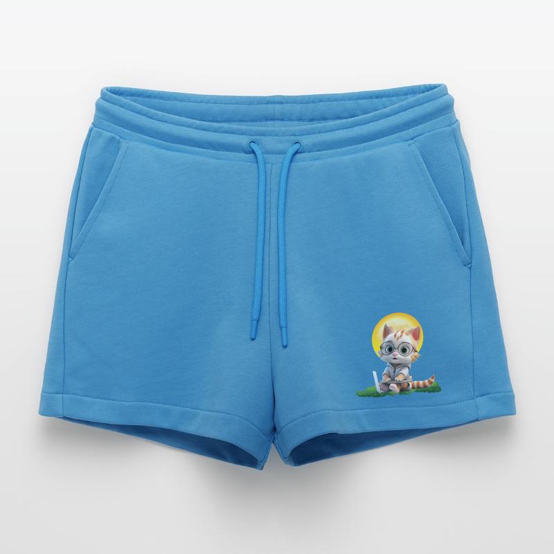 Smart Cat Sun Coder: Kitten Laptop Art Print Organic Relaxed Cropped Shorts Made in EU