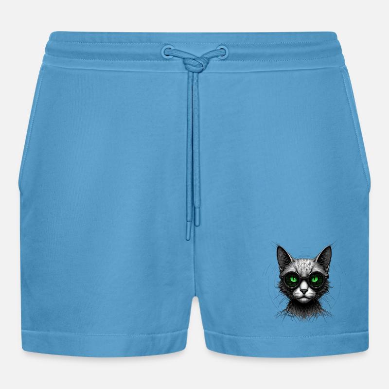 Green Eyes Computer Coder Geek Cat - Organic Relaxed Cropped Shorts Made in EU -  Sol Blue