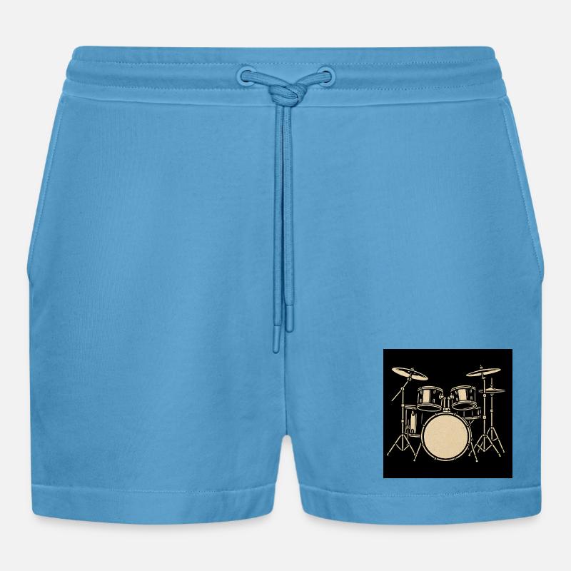 Black Silver Drumset Illustration - Organic Relaxed Cropped Shorts Made in EU -  Sol Blue