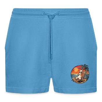 Lustiges Pony am Strand, Sommerurlaub Sonnenuntergang - Organic Relaxed Cropped Shorts Made in EU -  Sol Blue - Vorne
