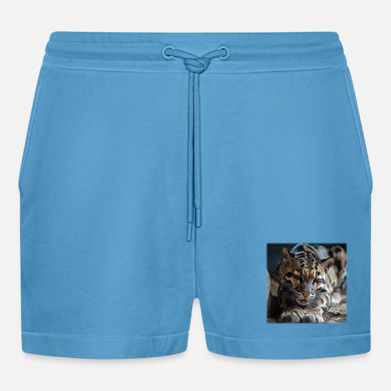 Clouded leopard resting pose Expressive wildcat - Organic Relaxed Cropped Shorts Made in EU -  Sol Blue