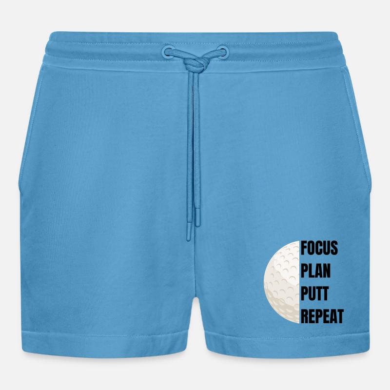 Focus Plan Putt Repeat – Golfslogan - Organic Relaxed Cropped Shorts Made in EU -  Sol Blue