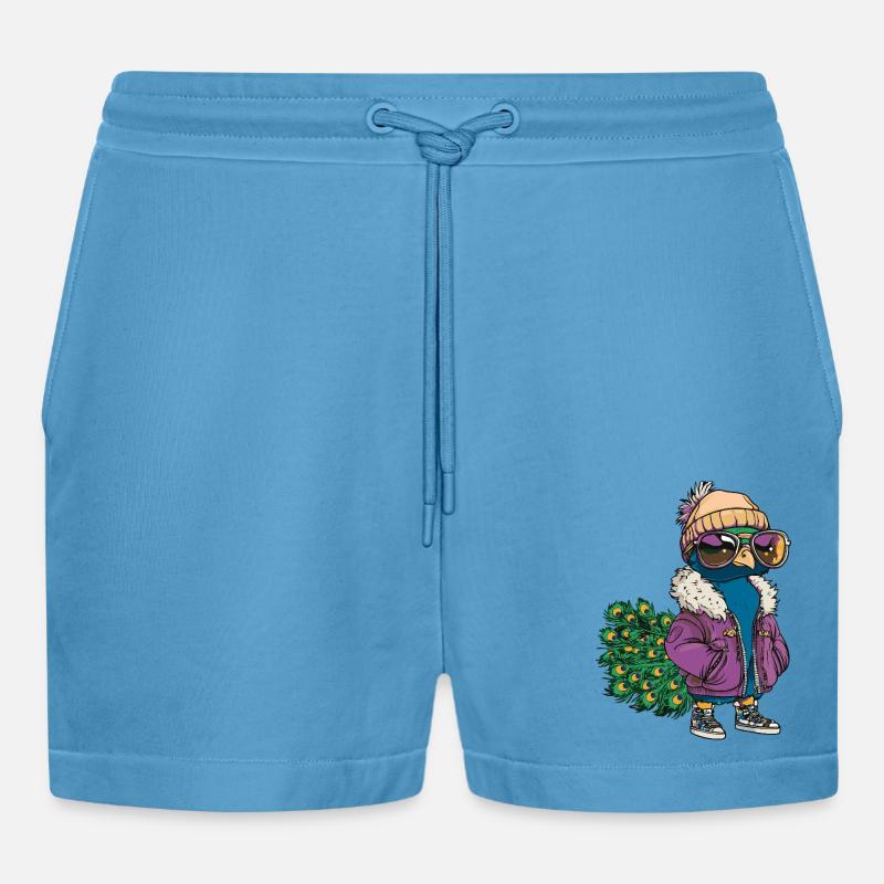 Peacock Bird Cool Comic - Organic Relaxed Cropped Shorts Made in EU -  Sol Blue